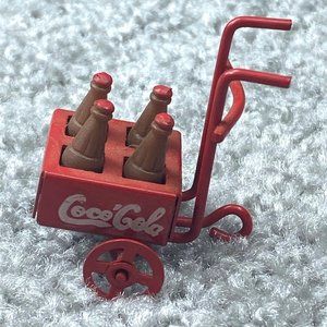 Miniature Collectible Soda Cola Cart Coke Red Metal Wood Wheels Turn Vintage
